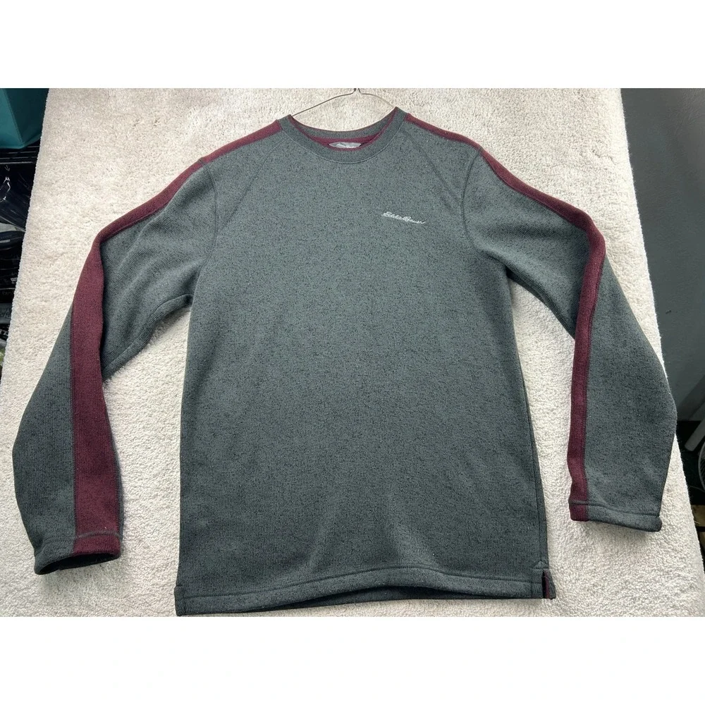 Eddie Bauer Stripe Raglan Sweater S Gray Burgundy Fleece Lined Gorpcore Outdoor